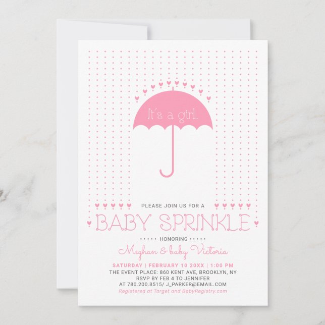 Invitation Une fille. | Coeurs mignons et parapluie Bébé saup (Devant)
