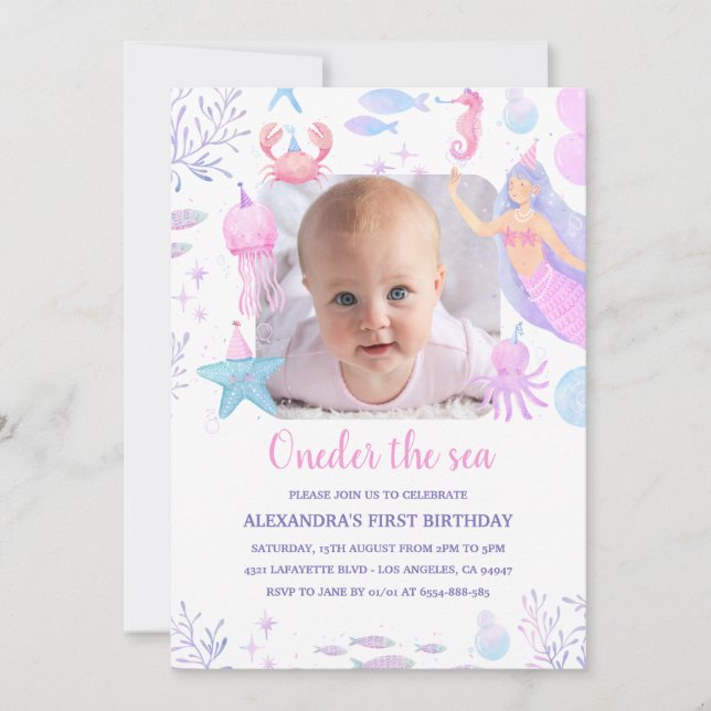 Invitation Une fille de la mer 1er anniversaire Sirène photo (Devant)