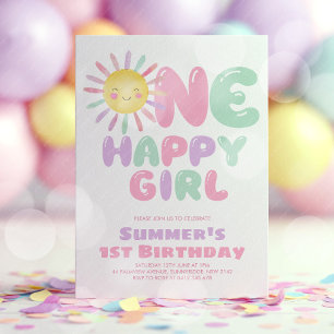 Invitation Une Fille Heureuse Soleil 1er Anniversaire Rose Ve