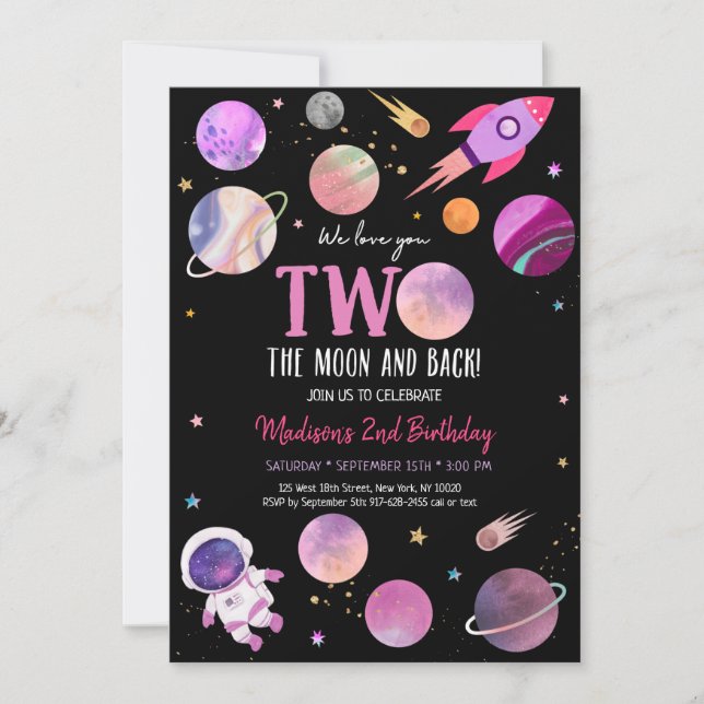 Invitation Une fille rose Astronaut Espace Deux La Lune Anniv (Devant)