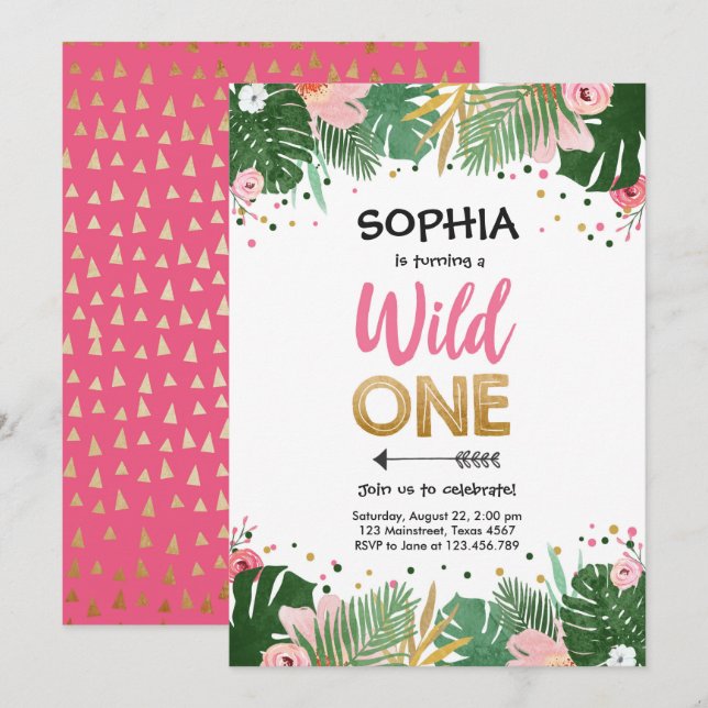 Invitation Une fille rose Safari sauvage premier anniversaire (Devant / Derrière)