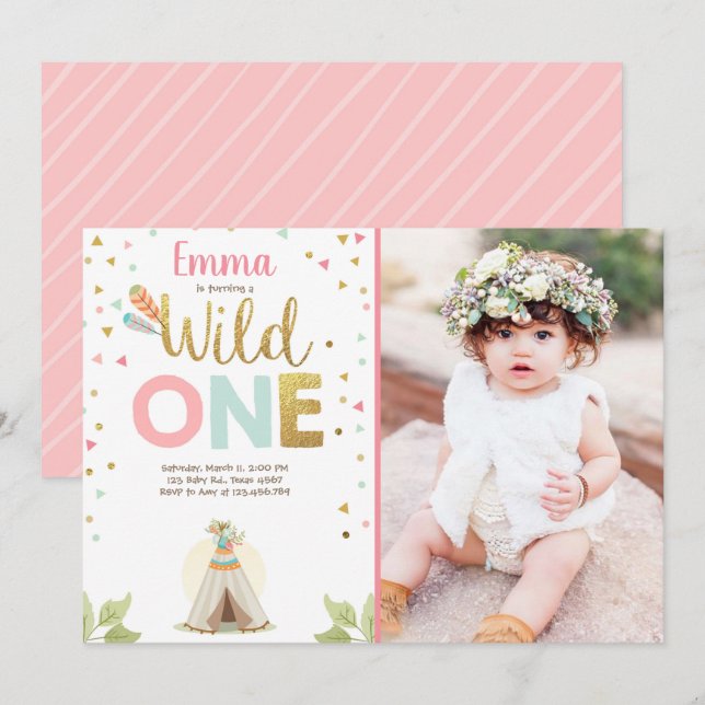 Invitation Une fille rose tribale sauvage de Boho de Teepee (Devant / Derrière)