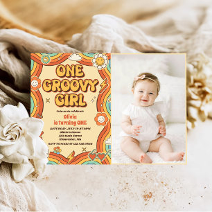 Invitation Une fille Super Retro Arc-en-ciel 1er anniversaire