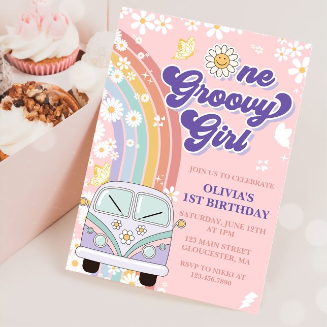 Invitation Une fille Super Retro Arc-en-ciel 1er anniversaire (Créateur téléchargé)