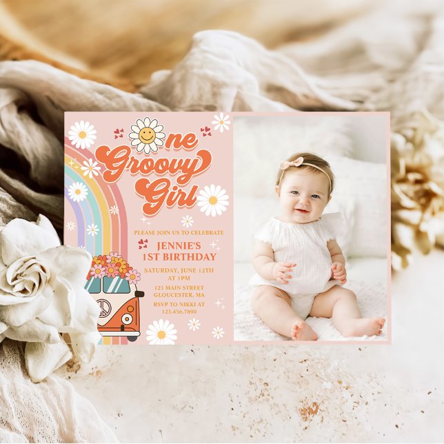 Invitation Une fille Super Retro Arc-en-ciel 1er anniversaire (Créateur téléchargé)