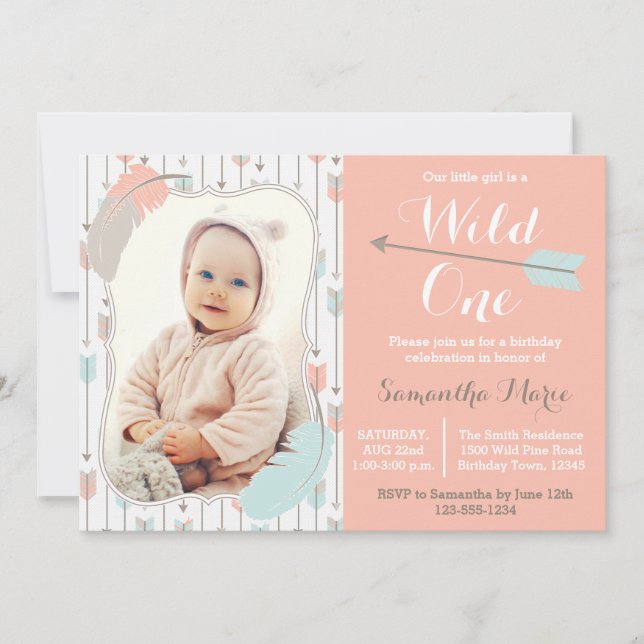 Invitation Une fille tribale première photo rose d'anniversai (Devant)