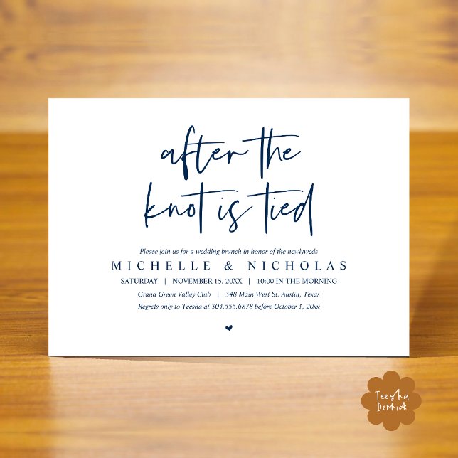 Invitation Une fois le noeud noué, Moderne Post Mariage Brunc (After the knot is tied, Modern Casual Post Wedding Brunch Party Dinner Invites Card PDF Navy Blue)