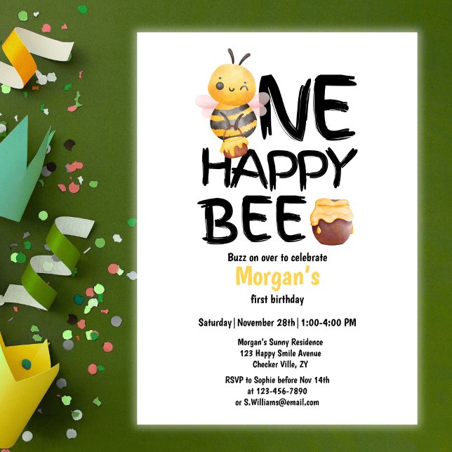 Invitation Une joyeuse Bee Honey Yellow Bee Girls 1er anniver (Créateur téléchargé)