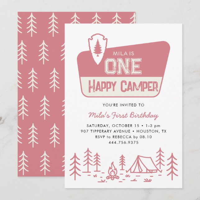 Invitation Une joyeuse Camper Girls 1ère Forêt de Camping Ann (Devant / Derrière)