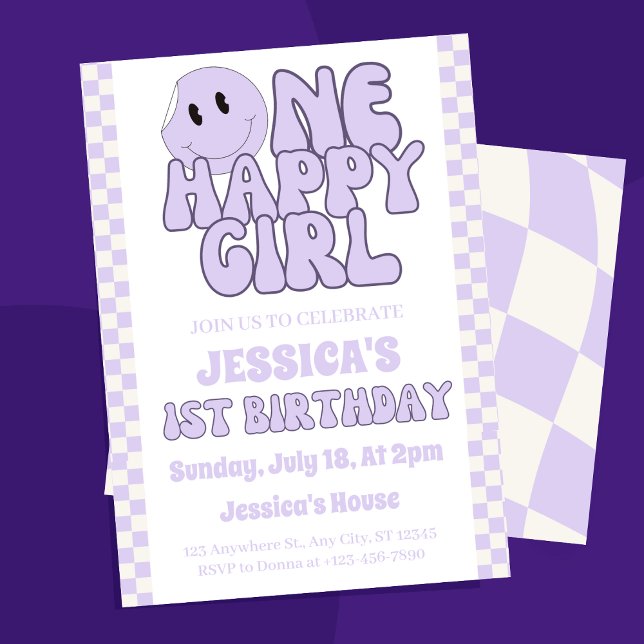 Invitation Une joyeuse fille Retro 1er anniversaire ("Light up your little one's special day with our 'One Happy Girl Retro 1st Birthday Invitation)