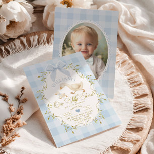 Invitation Une joyeuse oie en vichy bleu pour la photo du 1er