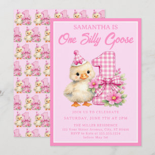 Invitation Une joyeuse oie rose à carreaux pour 1er anniversa