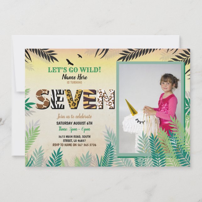 Invitation Une Jungle 7ème fête d'anniversaire 7 Safari ZOO P (Devant)