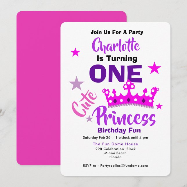Invitation Une mignonne princesse 1er anniversaire Personnali (Devant / Derrière)