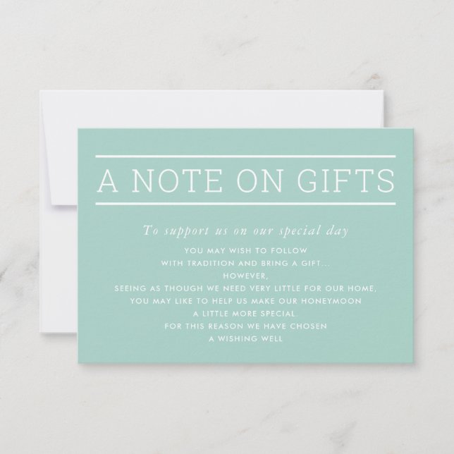 Invitation UNE NOTE SUR CADEAUX simple type moderne menthe pa (Devant)