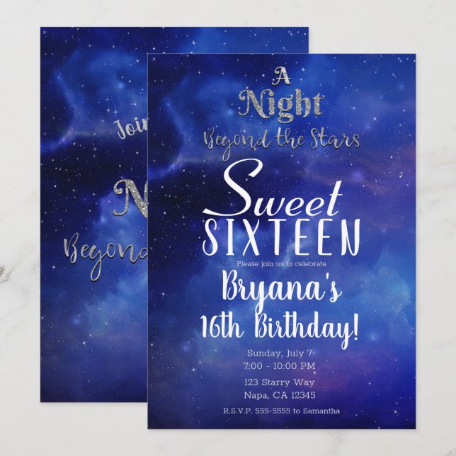 Invitation Une nuit au-delà des étoiles Starry Sweet 16 Party (Devant / Derrière)