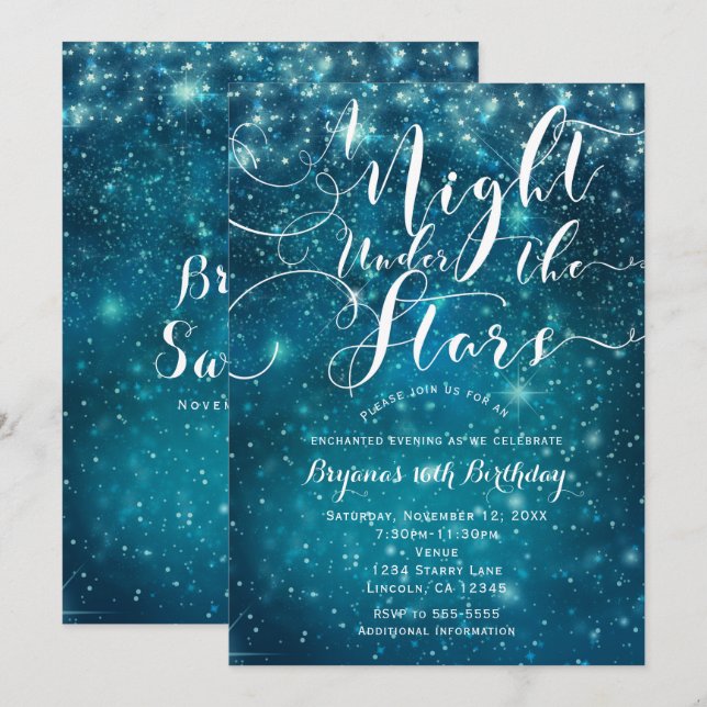 Invitation UNE NUIT SOUS LES ÉTOILES Ciel bleu clair étoilé (Devant / Derrière)