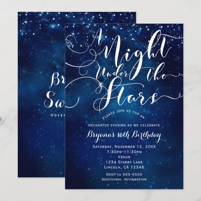 Invitation UNE NUIT SOUS LES ÉTOILES Ciel bleu étoilé brillan (Devant / Derrière)