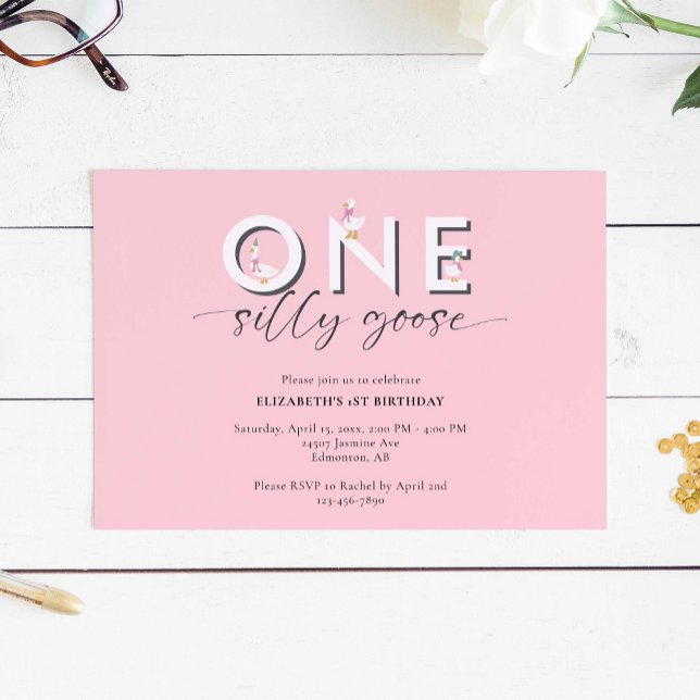 Invitation Une oie sotte 1er anniversaire mignon rose (Créateur téléchargé)