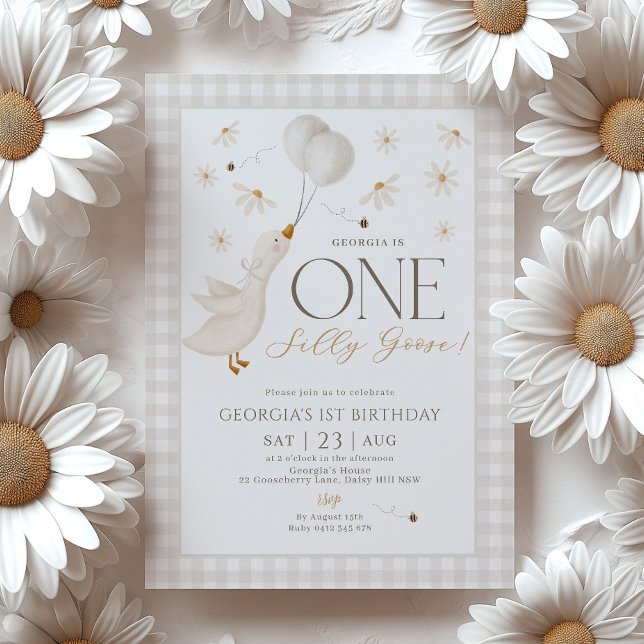Invitation Une oie sotte Neutre 1er anniversaire En vichy bei (Silly Goose 1st Birthday Neutral Beige Invitation)