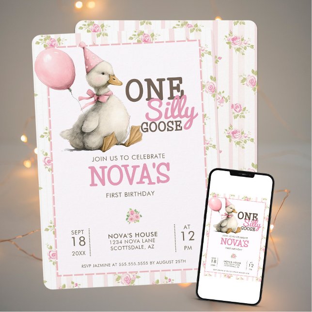 Invitation Une oie sotte personnalisée rose 1er anniversaire (Créateur téléchargé)