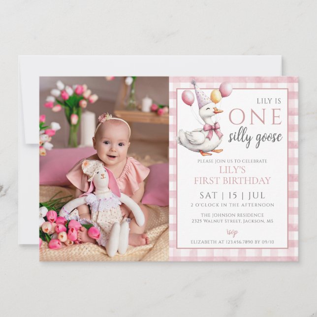 Invitation Une oie sotte Photo Rose fille 1er anniversaire fê (Devant)