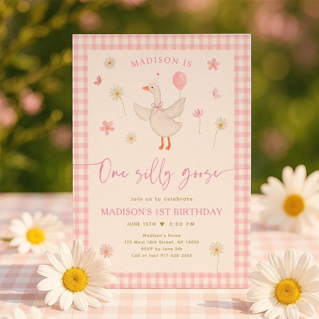 Invitation Une oie sotte printemps rose marguerite premier an (Créateur téléchargé)