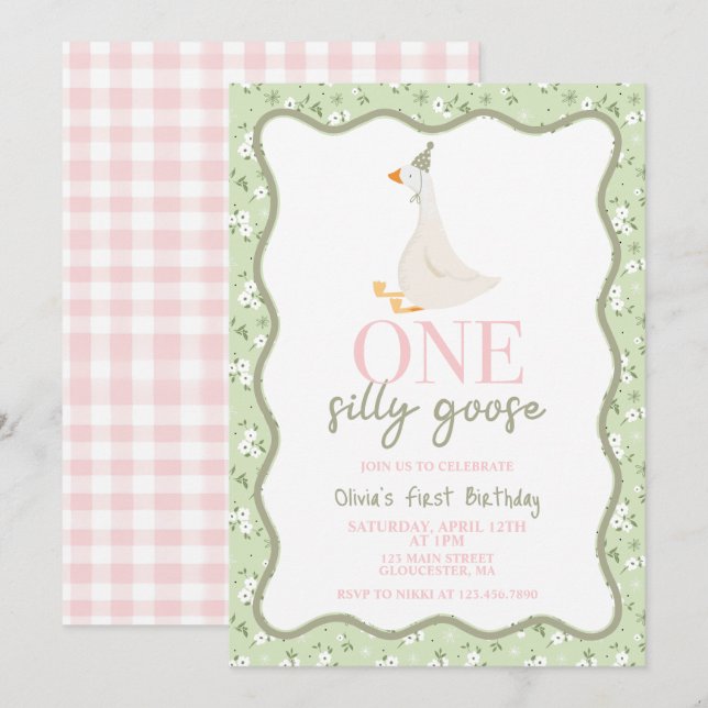 Invitation Une oie sotte rose et vert (Devant / Derrière)