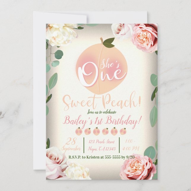 Invitation UNE PEACH SUCRE Florale 1er anniversaire fête (Devant)