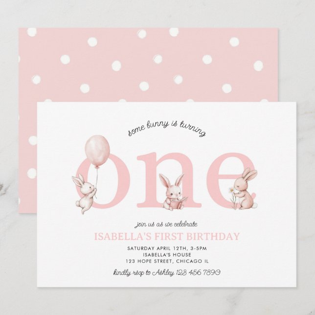 Invitation Une Petite Bébée Rose Bunny Un 1er anniversaire de (Devant / Derrière)