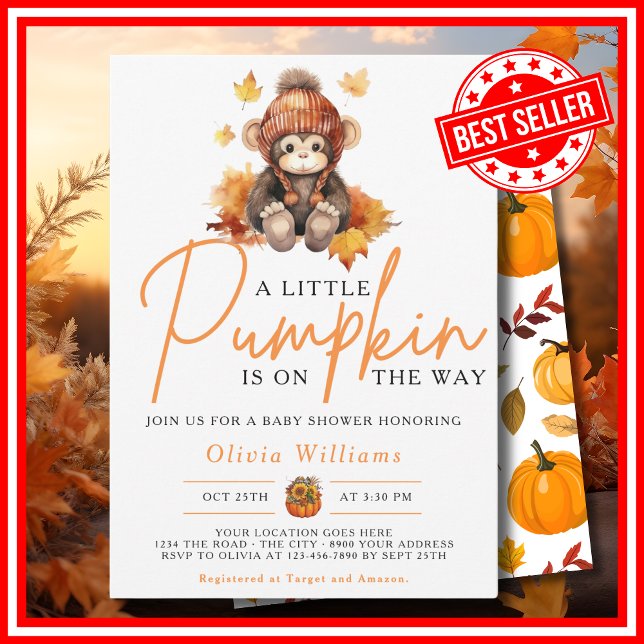 Invitation Une petite citrouille automne bébé singe Shower (A Little Pumpkin is on the Way Fall Autumn CUTE MONKEY Baby Shower Invitation)