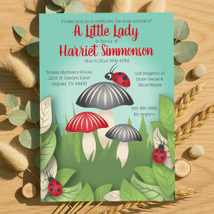 Invitation Une petite dame et des champignons Baby shower Whi