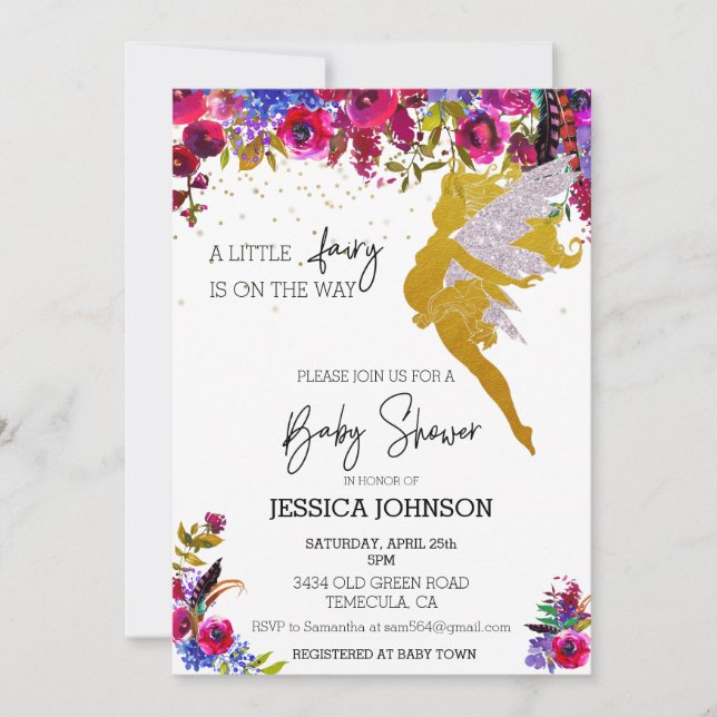Invitation Une petite fée est sur le chemin Baby shower Flora (Devant)