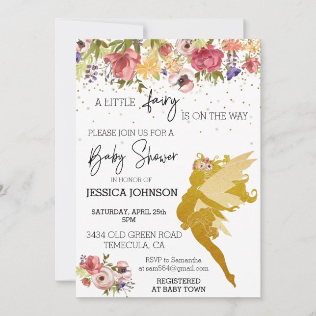 Invitation Une petite fée est sur le chemin Baby shower Gold (Devant)