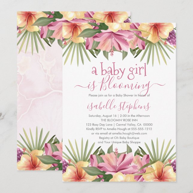 Invitation Une Petite Fille Fleurit Un Baby shower Floral Ros (Devant / Derrière)