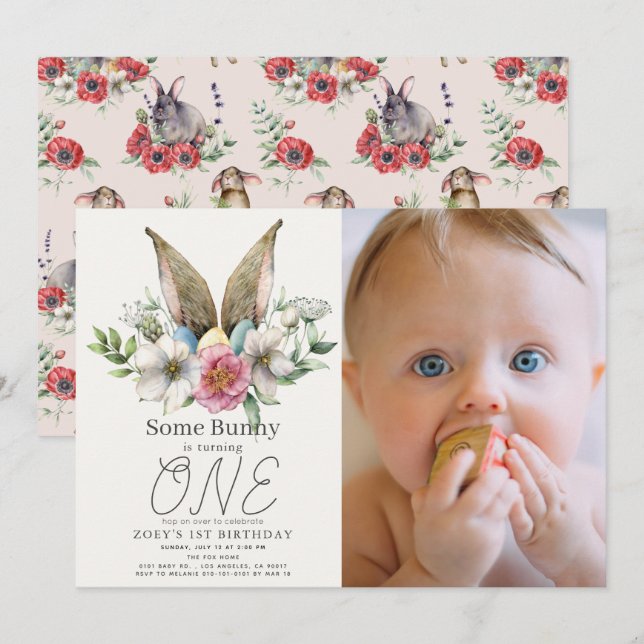 Invitation Une Petite Fille Florale De Lapin Rose 1er Anniver (Devant / Derrière)