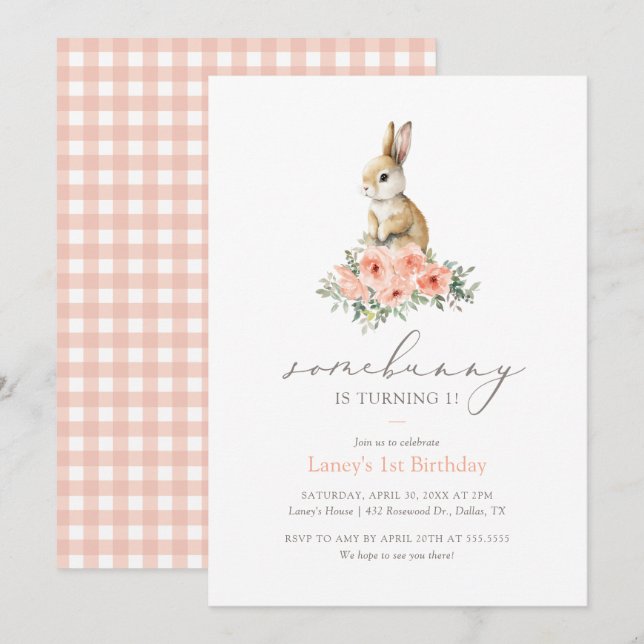 Invitation Une Petite Fille Florale Rose Grotte Fête Annivers (Devant / Derrière)