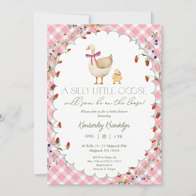 Invitation Une petite oie rose En vichy Baby shower fille (Devant)
