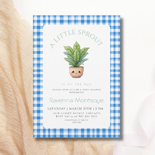 Invitation Une petite pousse Baby Shower à carreaux bleus