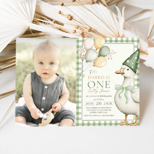 Invitation Une Photo de Naissance de 1 an de Ballon Gingham d