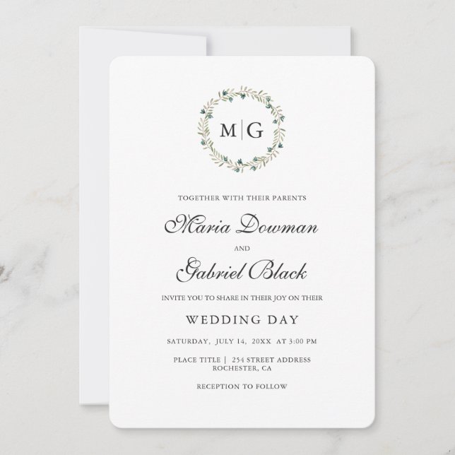 Invitation Une simple couronne botanique. Monogramme. Mariage (Devant)