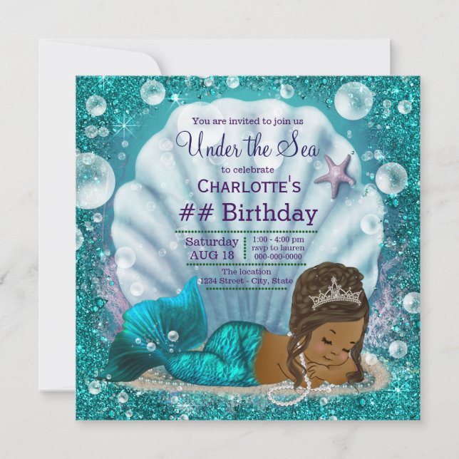 Invitation Une sirène afro-américaine en mer à l'anniversaire (Devant)