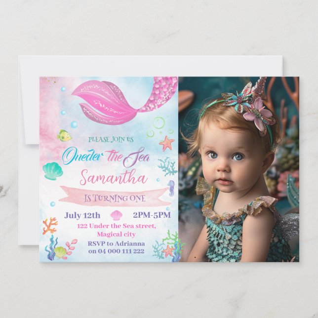 Invitation Une sirène de mer Photo 1er Anniversaire (Devant)