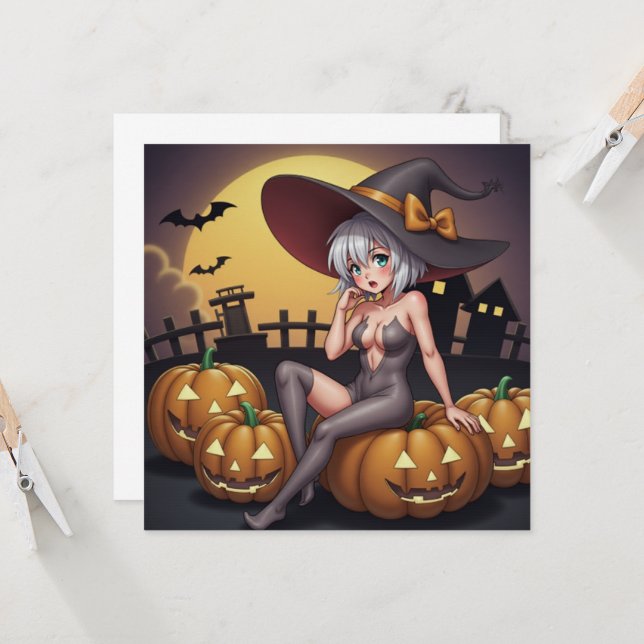 Invitation Une sorcière d'Halloween aux yeux verts sur Jack-O (Devant/Arrière en situation)