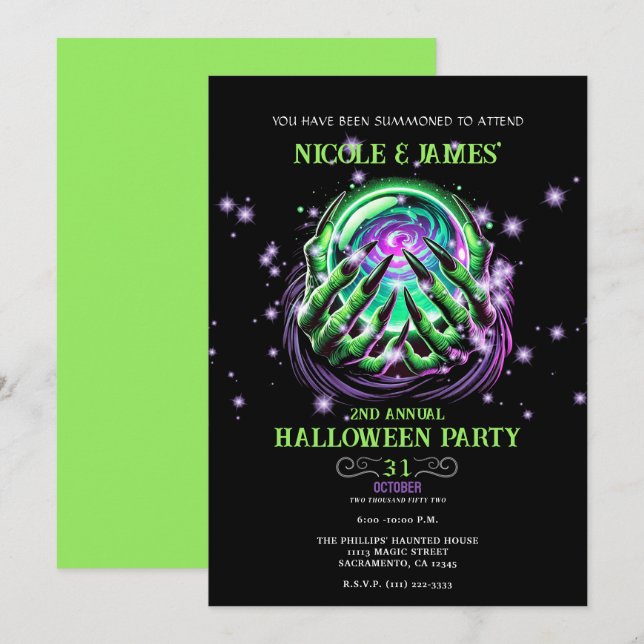 Invitation Une Sorcière Verte contemple la fête d'Halloween m (Devant / Derrière)