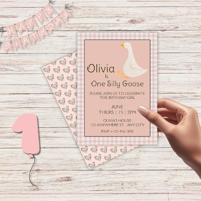 Invitation Une sotte rose d'oie En vichy fête d'anniversaire  (One Silly Goose Pink Gingham Girl's Birthday Party Invitation)