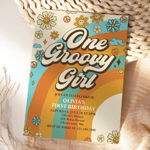 Invitation Une Super Fille Retro Arc-en-ciel 1er fête d'anniv
