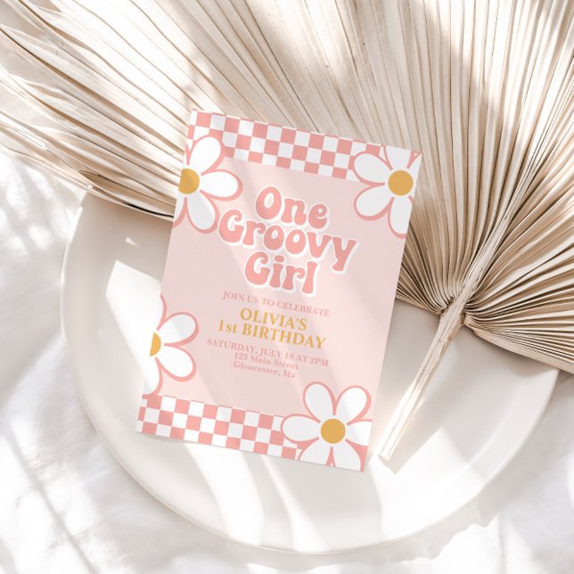 Invitation Une Super fille Retro Check Rose Daisy (Créateur téléchargé)