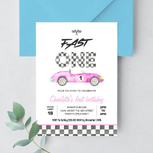 Invitation UNE voiture de course rose vintage rapide 1er anni