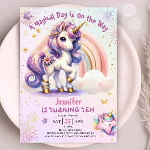 Invitation Unicorn 10e anniversaire fille pourpre or arc-en-c